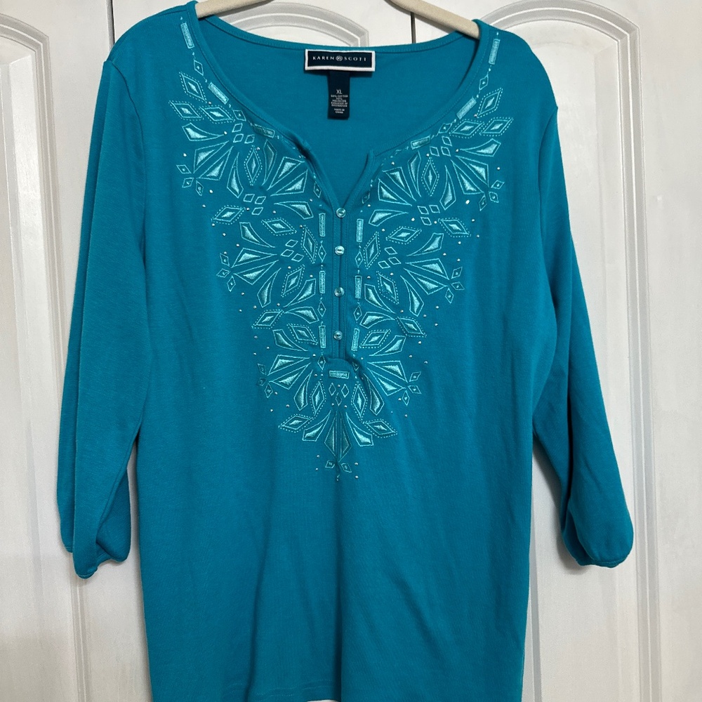 Karen Scott V-Neck Long Sleeve Turquoise Jeweled Tunic Top Women's Extra Large